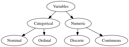 A flowchart illustrating the classification of variables: "Variables" branches into "Categorical" and "Numeric". "Categorical" further branches into "Nominal" and "Ordinal". "Numeric" further branches into "Discrete" and "Continuous".