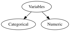 A flowchart showing "Variables" branching into two types: "Categorical" and "Numeric".