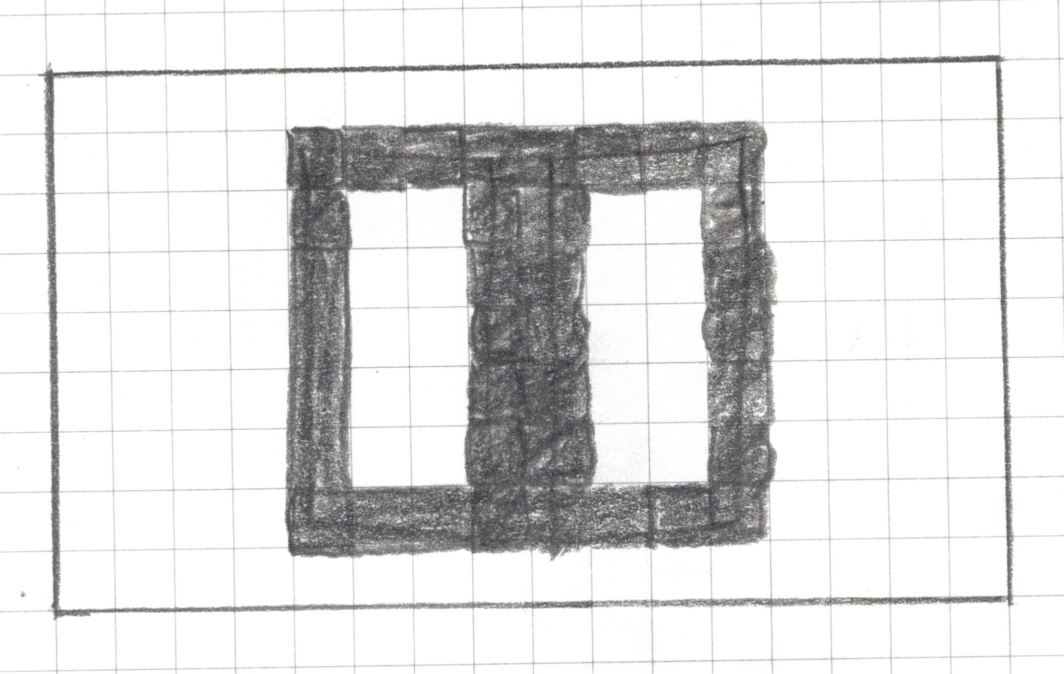 A pixel art design drawn in pencil on a 16x9 graph paper grid. Columns and rows are not labeled but for the purposes of this alt text assume that the columns are labeled a-p, rows 1-9. The irregular shape consists of various shades of gray pencil markings, with some internal white (unshaded) cells. Shaded cells include e2, f2, g2, h2, i2, j2, k2, l2, e3, h3, i3, l3, e4, h4, i4, l4, e5, h5, i5, l5, e6, h6, i6, l6, e7, h7, i7, l7, e8, f8, g8, h8, i8, j8, k8, l8.
