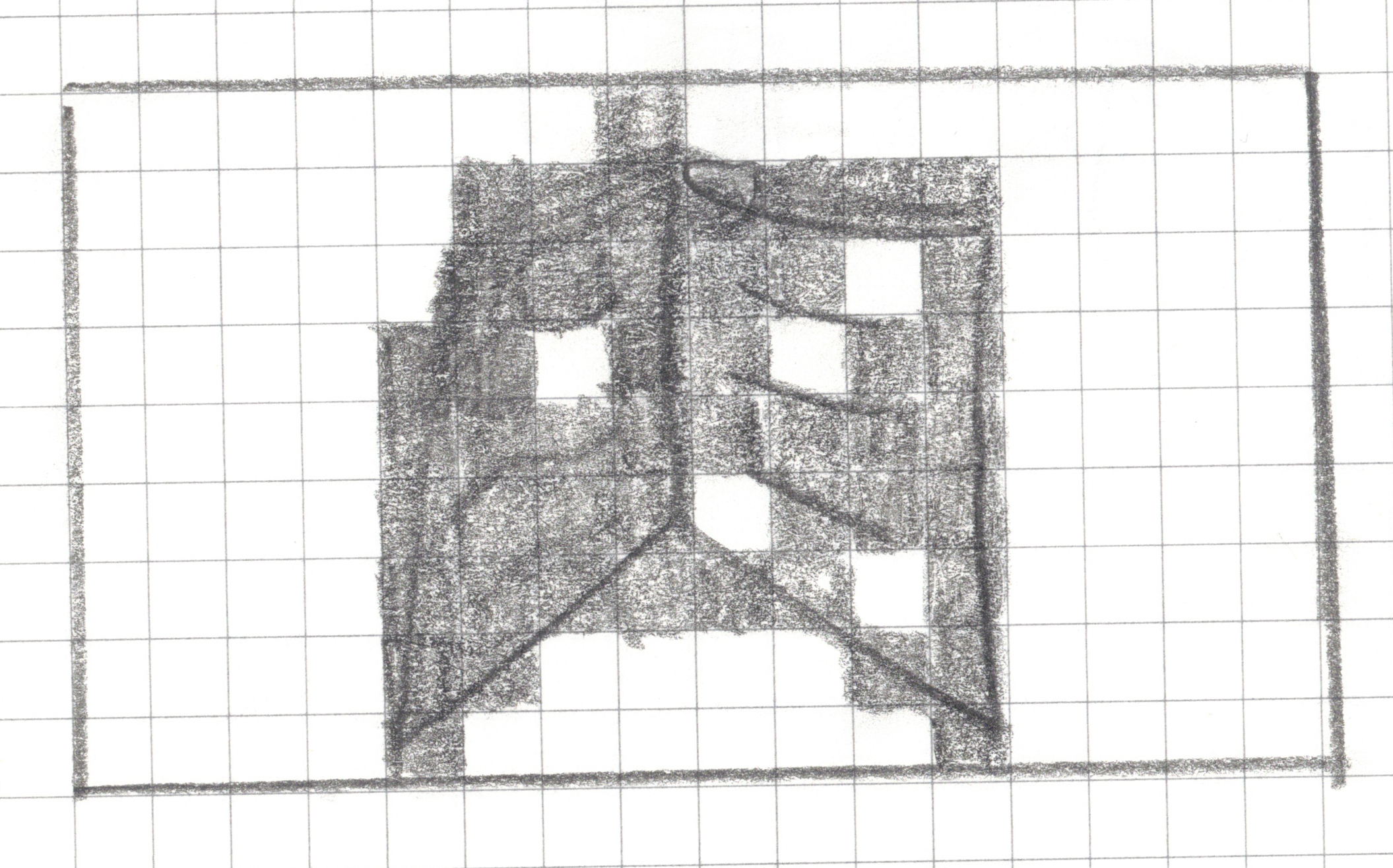A pixel art design drawn in pencil on a 16x9 graph paper grid. Columns and rows are not labeled but for the purposes of this alt text assume that the columns are labeled a-p, rows 1-9. The irregular shape consists of various shades of gray pencil markings, with some internal white (unshaded) cells. Shaded cells include h1, f2, g2, h2, i2, j2, k2, l2, f3, g3, h3, i3, j3, l3, e4, f4, h4, i4, k4, l4, e5, f5, g5, h5, i5, j5, k5, l5, e6, f6, g6, h6, j6, k6, l6, e7, f7, g7, h7, i7, j7, l7, e8, f8, k8, l8, e9, l9