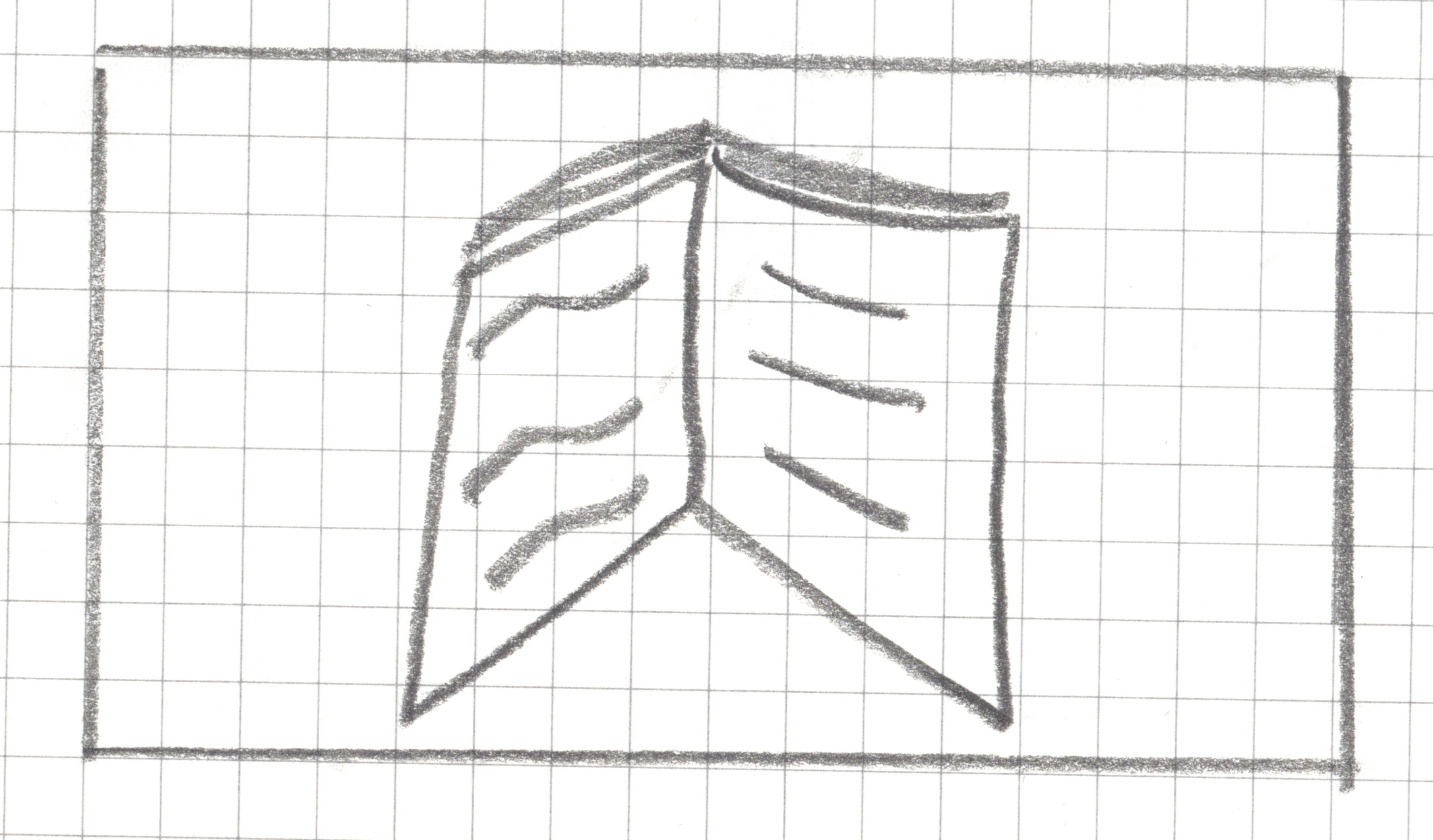 an open book viewed from a slight overhead angle, giving it a three-dimensional, tent-like appearance where the spine points upward.