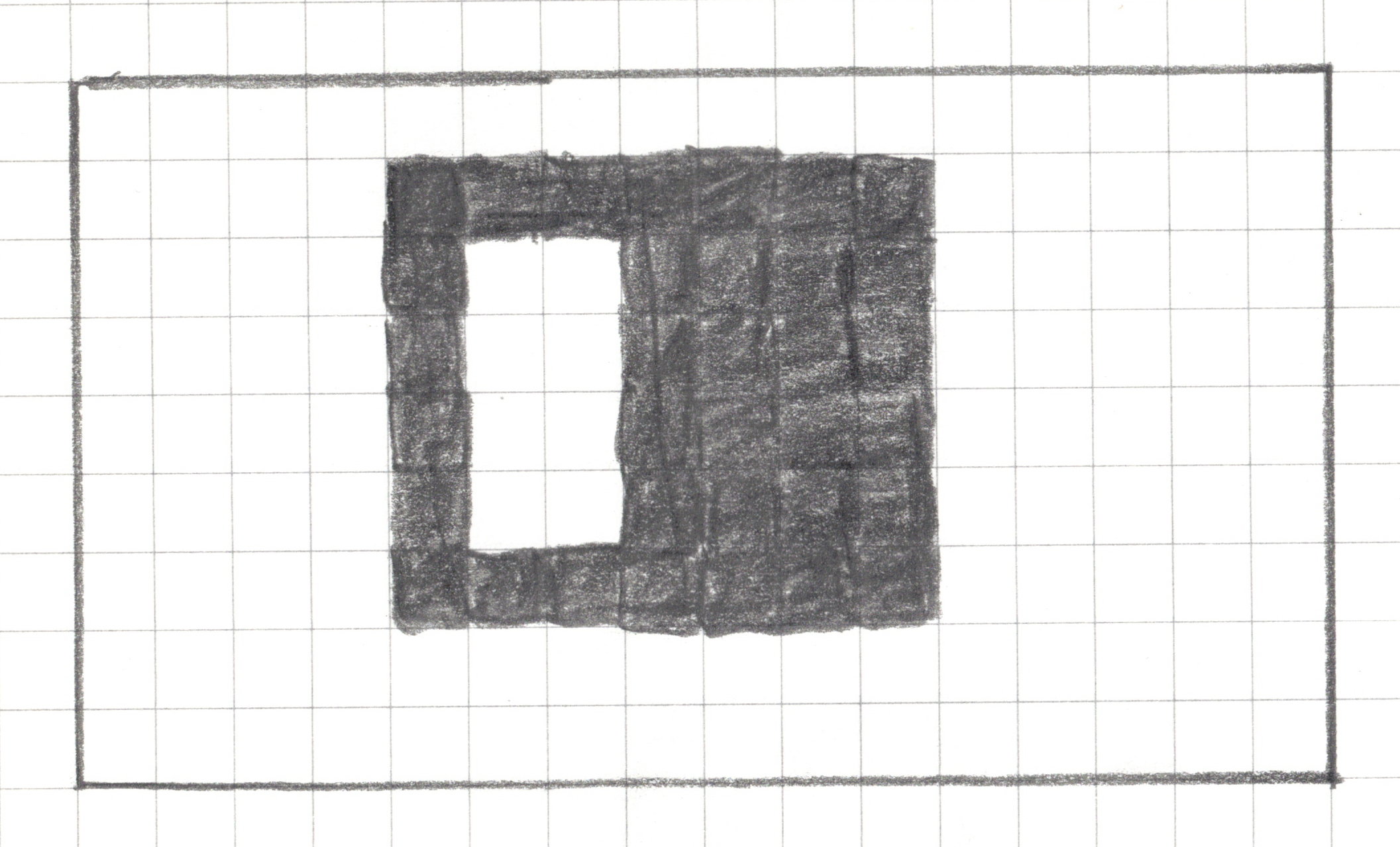 A pixel art design drawn in pencil on a 16x9 graph paper grid. Columns and rows are not labeled but for the purposes of this alt text assume that the columns are labeled a-p, rows 1-9. The irregular shape consists of various shades of gray pencil markings, with some internal white (unshaded) cells. Shaded cells include e2, f2, g2, h2, i2, j2, k2, e3, h3, i3, j3, k3, e4, h4, i4, j4, k4, e5, h5, i5, j5, k5, e6, h6, i6, j6, k6, e7, f7, g7, h7, i7, j7, k7
