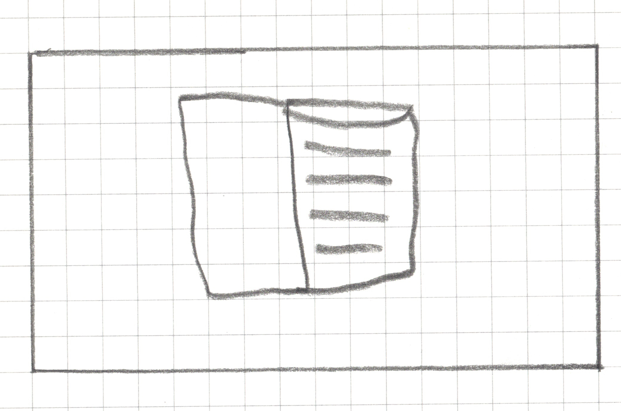 The drawing depicts an open book or notebook viewed from a straight-on perspective. The book is split into two pages by a central vertical line representing the spine. The left page is completely blank. The right page features five thick, straight, horizontal pencil strokes stacked vertically to represent lines of written text.