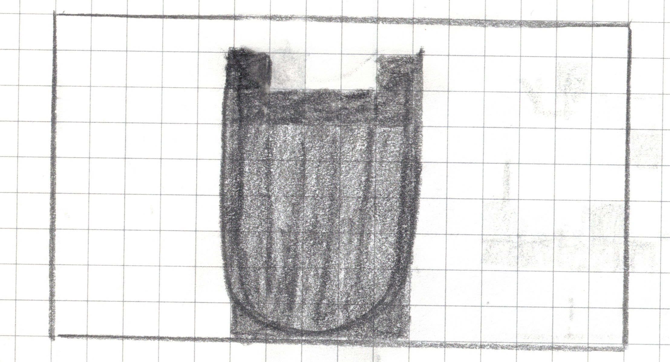 A pixel art design drawn in pencil on a 16x9 graph paper grid. Columns and rows are not labeled but for the purposes of this alt text assume that the columns are labeled a-p, rows 1-9. The irregular shape consists of various shades of gray pencil markings, with some internal white (unshaded) cells. Shaded cells include f2, j2, f3, g3, h3, i3, j3, f4, g4, h4, i4, j4, f5, g5, h5, i5, j5, f6, g6, h6, i6, j6, f7, g7, h7, i7, j7, f8, g8, h8, i8, j8, f9, g9, h9, i9, j9