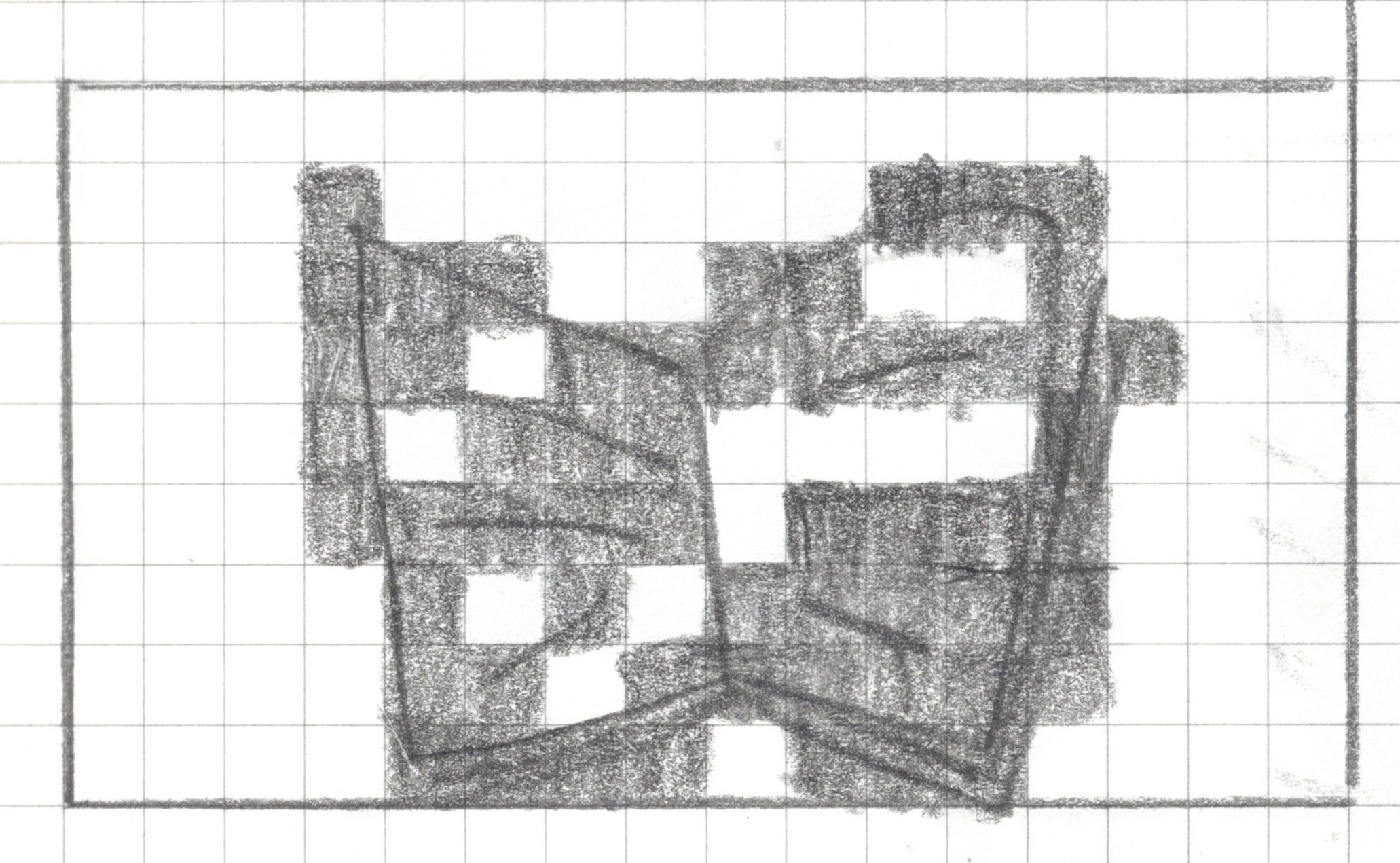 A pixel art design drawn in pencil on a 16x9 graph paper grid. Columns and rows are not labeled but for the purposes of this alt text assume that the columns are labeled a-p, rows 1-9. The irregular shape consists of various shades of gray pencil markings, with some internal white (unshaded) cells. Shaded cells include d2, k2, l2, m2, d3, e3, f3, i3, j3, m3, d4, e4, g4, h4, i4, j4, k4, l4, m4, n4, d5, f5, g5, h5,i5, m5, d6, e6, f6, g6, h6, j6, k6, l6, m6, e7, g7, i7, j7, k7, l7, m7, e8, f8, h8, i8, j8, k8, l8, m8, e9, f9, g9, h9, j9, k9, l9.