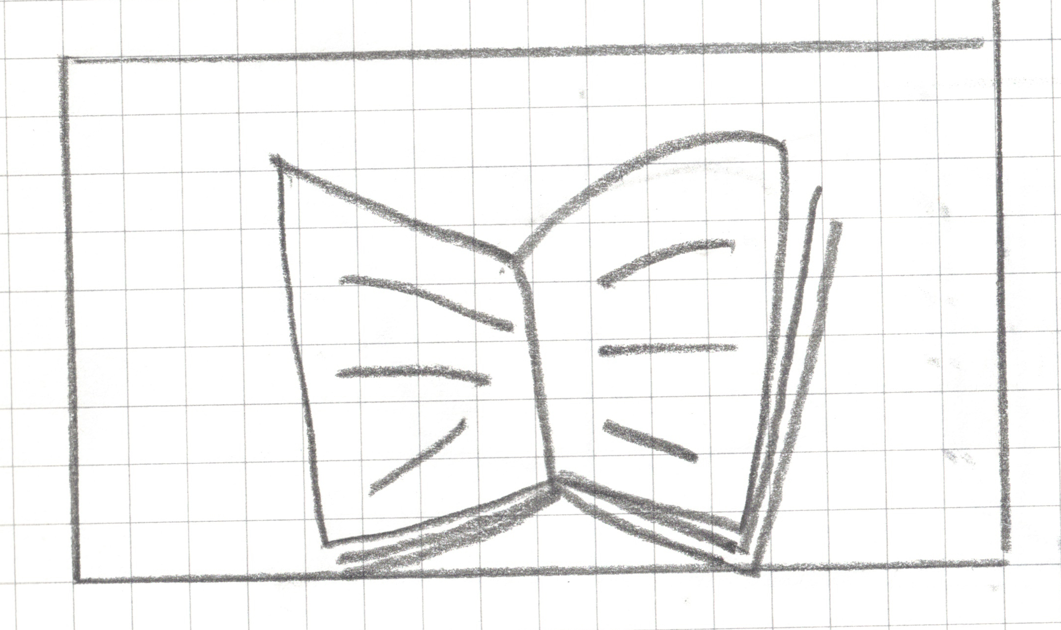 The drawing depicts an open book viewed from a slight front-facing angle.The book is divided down the center by a vertical line representing the spine. Both the left and right pages are angled slightly outward. The pages feature three horizontal, slightly tilted pencil strokes indicating lines of text.