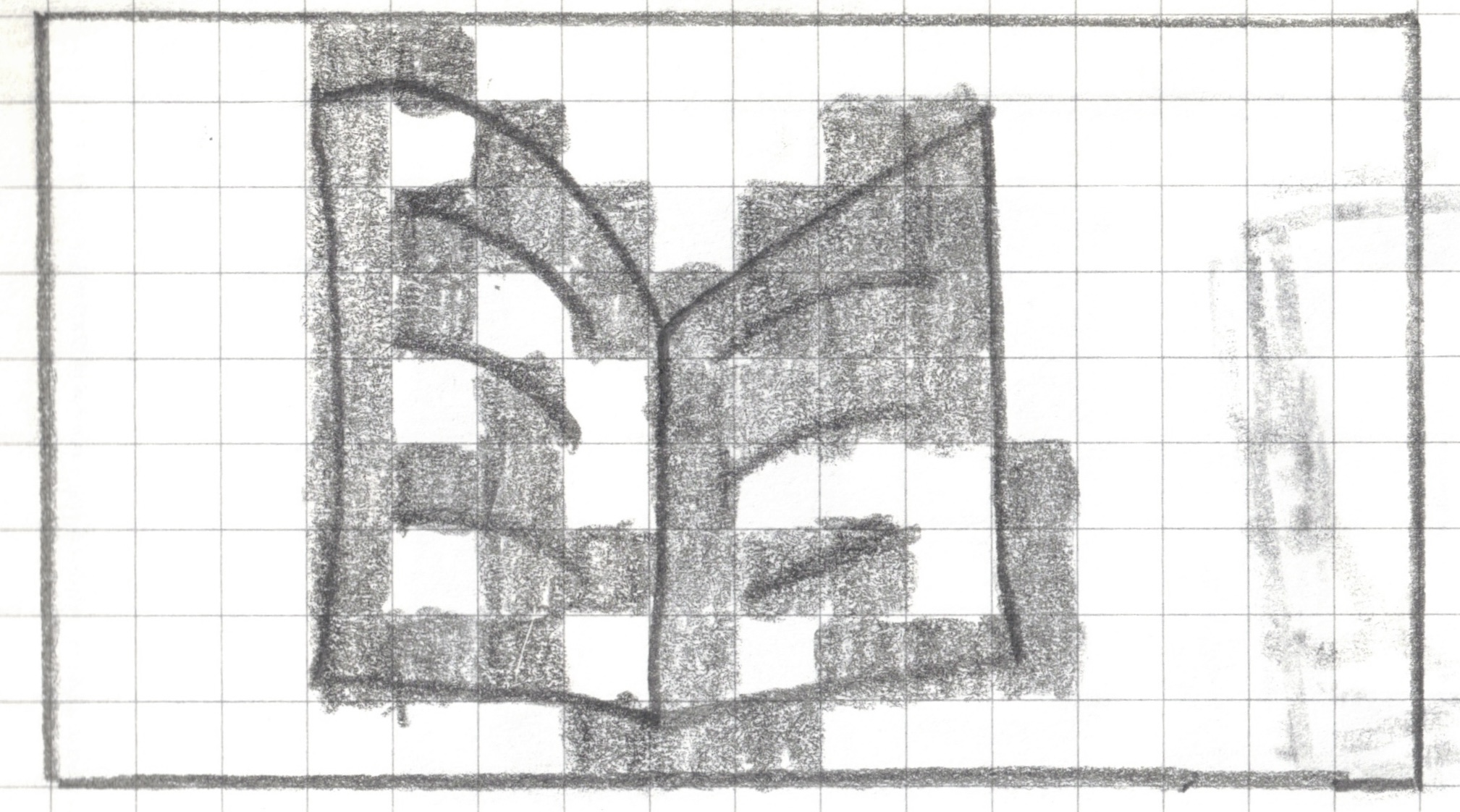 A pixel art design drawn in pencil on a 16x9 graph paper grid. Columns and rows are not labeled but for the purposes of this alt text assume that the columns are labeled a-p, rows 1-9. The irregular shape consists of various shades of gray pencil markings, with some internal white (unshaded) cells. Shaded cells include d1, e1, d2, f2, j2, k2, d3, e3, f3, g3, i3, j3, k3, d4, e4, g4 h4, i4, j4, k4, d5, f5, h5, i5, j5, k5, d6, e6, f6, i6, l6, d7, f7, g7, h7, i7, j7, l7, d8, e8, f8, h8, j8, k8, l8 , g9, h9, i9