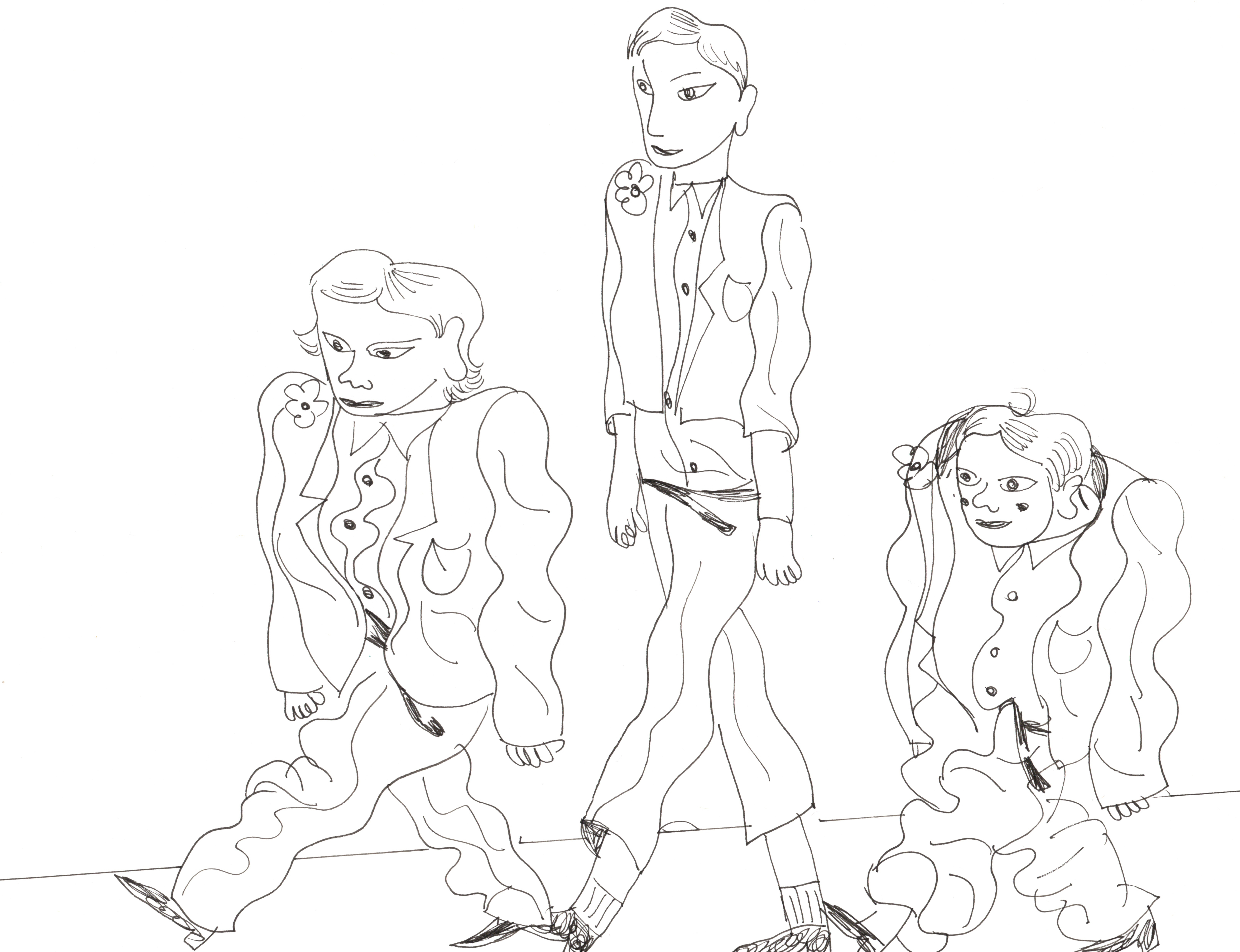 The same jacket and pants worn by three different people with very different body types. The middle figure is tall, hence the jacket arms and pants legs are too short for them, the righ figure is short and the jacket arms and pants legs are too large for them.