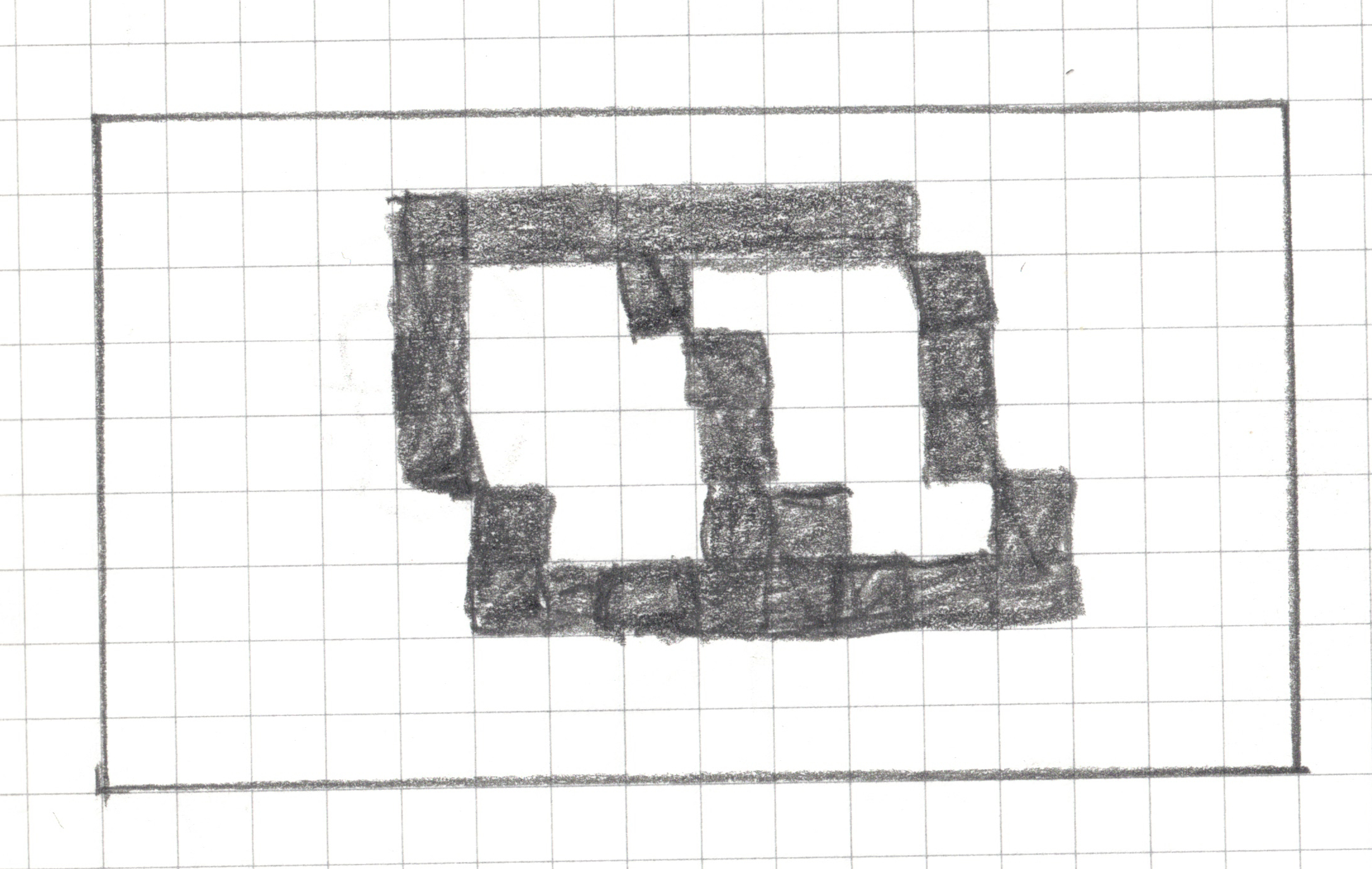 A pixel art design drawn in pencil on a 16x9 graph paper grid. Columns and rows are not labeled but for the purposes of this alt text assume that the columns are labeled a-p, rows 1-9. The irregular shape consists of various shades of gray pencil markings, with some internal white (unshaded) cells. Shaded cells include e2, f2, g2, h2, i2, j2, k2, e3, h3, l3, e4, i4, l4, e5, i5, l5, f6, i6, j6, m6, f7, g7, h7, i7, j7, k7, l7, m7
