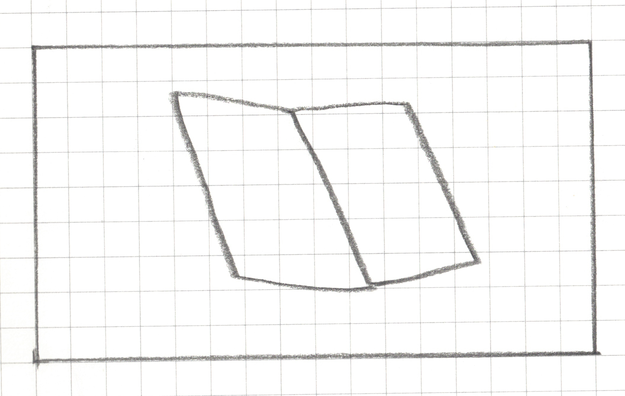 Outline of an open book, rendered from an angled perspective that tilts slightly away and down. The image is formed using basic geometric shapes, two blank, adjoining four-sided panels that share a slanted central line for the spine.