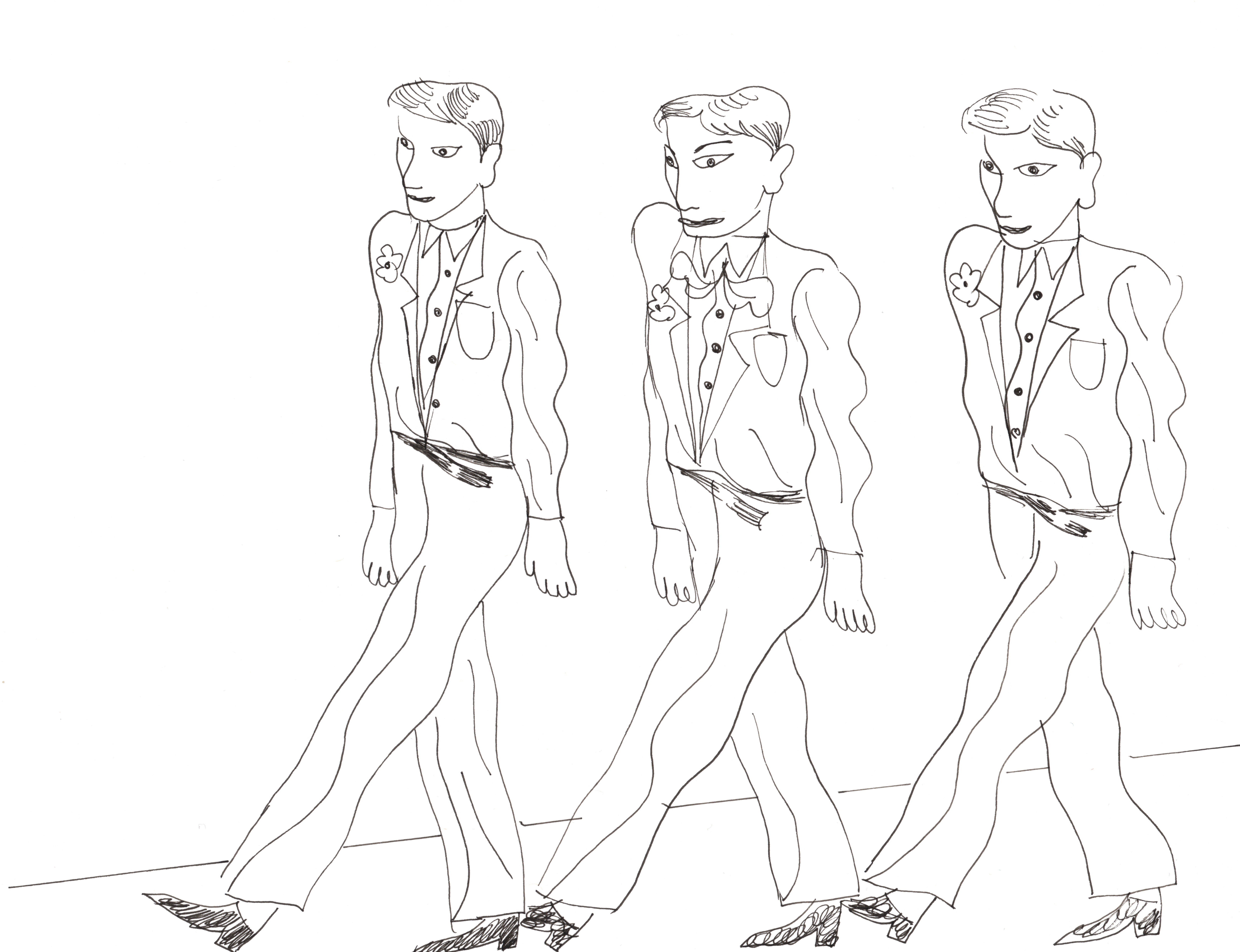 Illustration of 3 male looking models on a runway in exact same jacket, belt, pants, and shoes.
